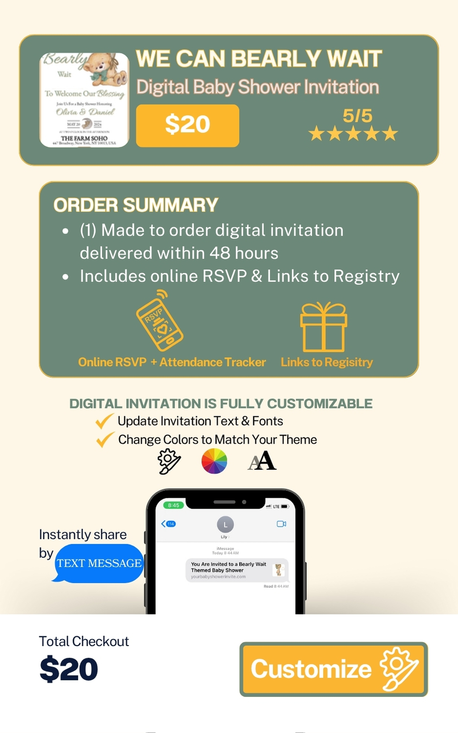 safari themed baby shower invitation template with online RSVP form, baby shower invites with links to registry, digital baby shower invitation