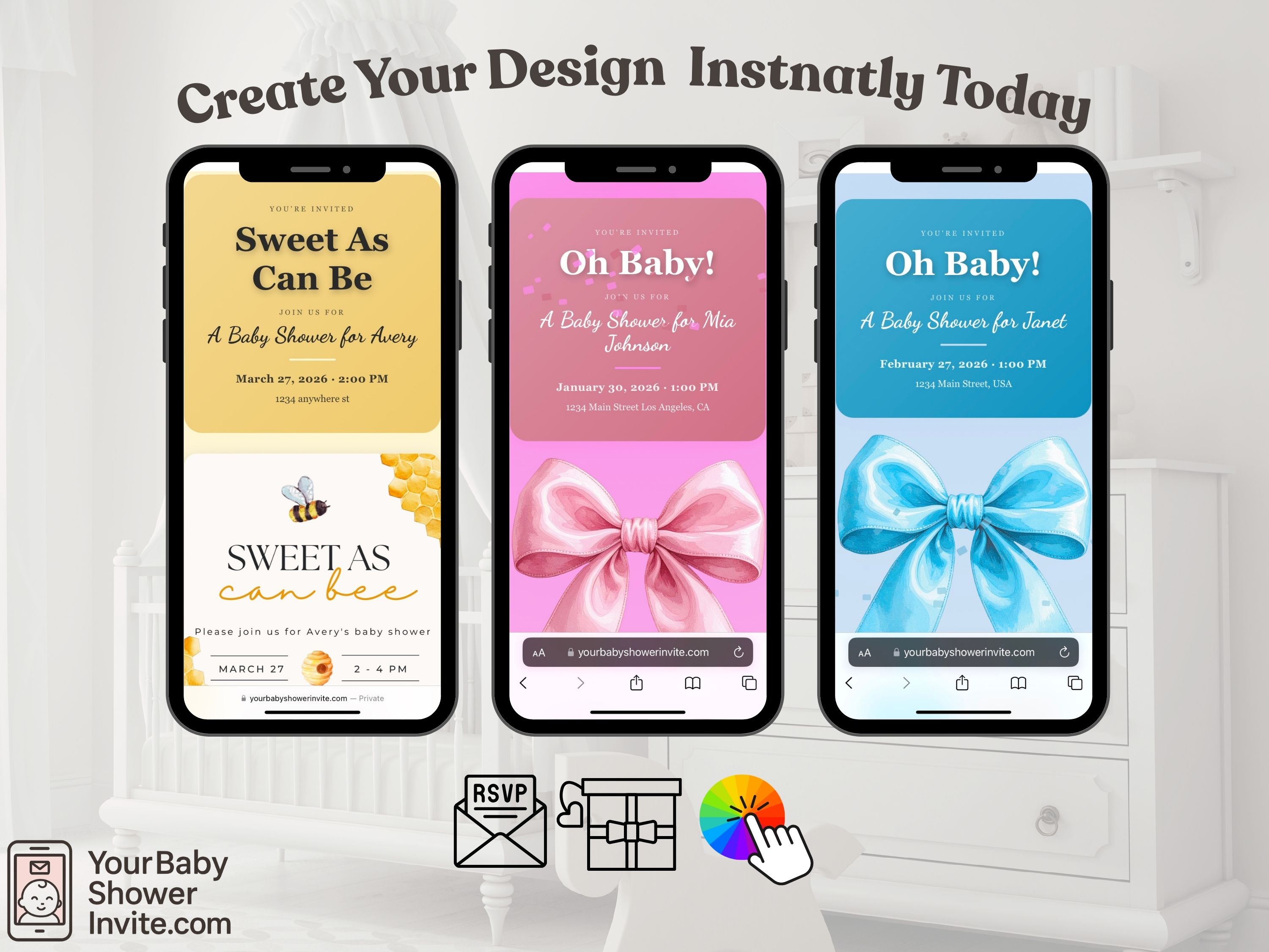Free digital baby shower invitation with RSVP, real time guest tracker, and baby registry links