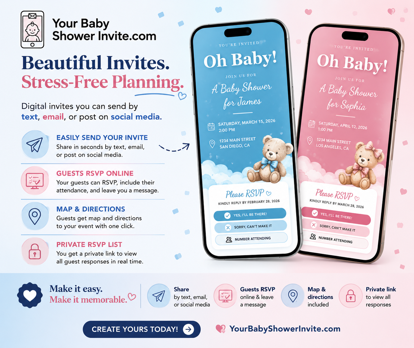 Digital baby shower invitation website with online RSVP, registry links, and guest tracking